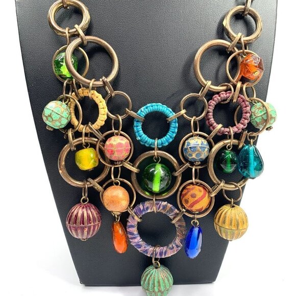 Multicolor Statement Bib Necklace With Interconnected Rings Bronze/Green/Purple - Picture 4 of 4
